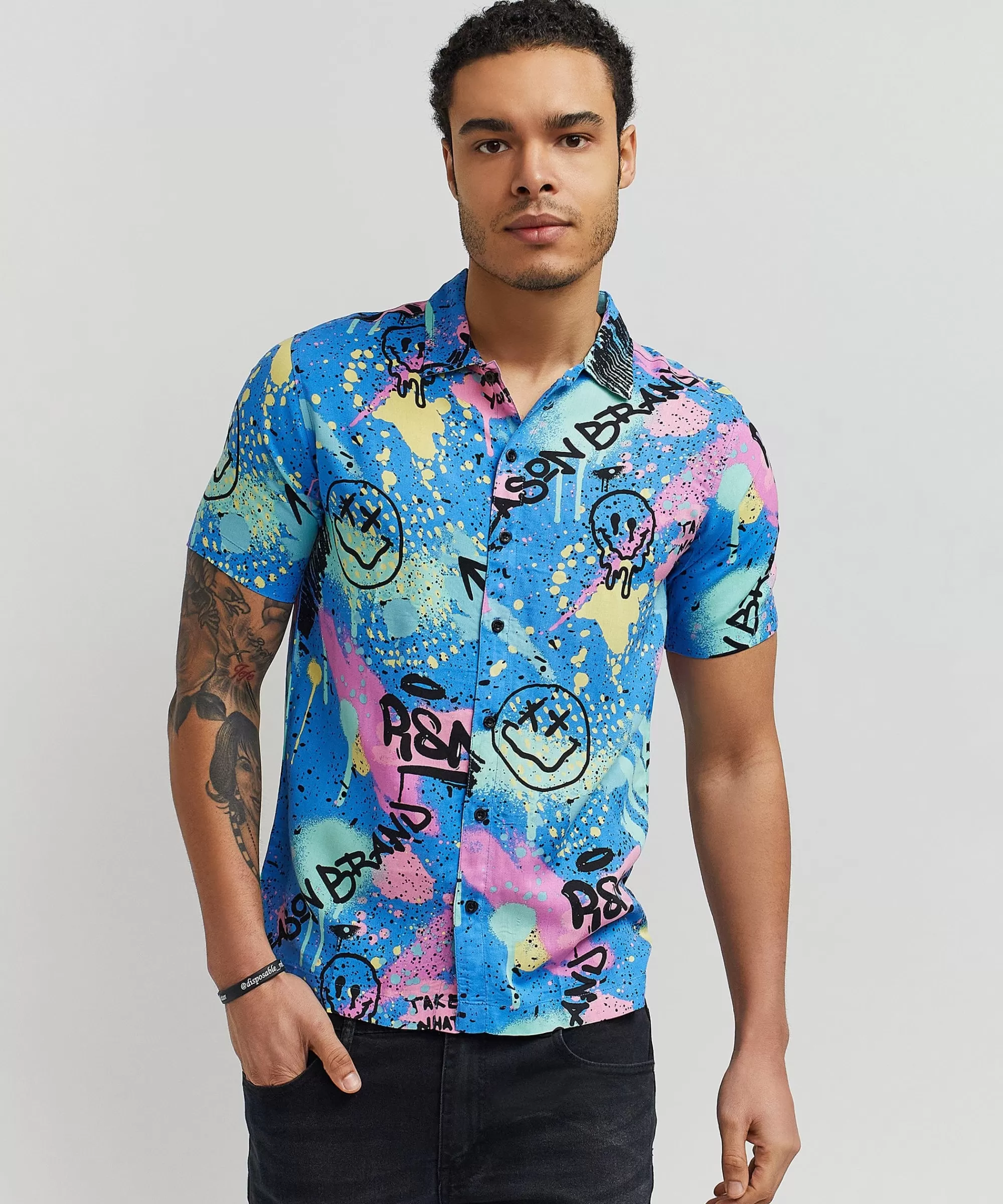 Hot Technicolor Allover Print Short Sleeve Shirt Button Downs