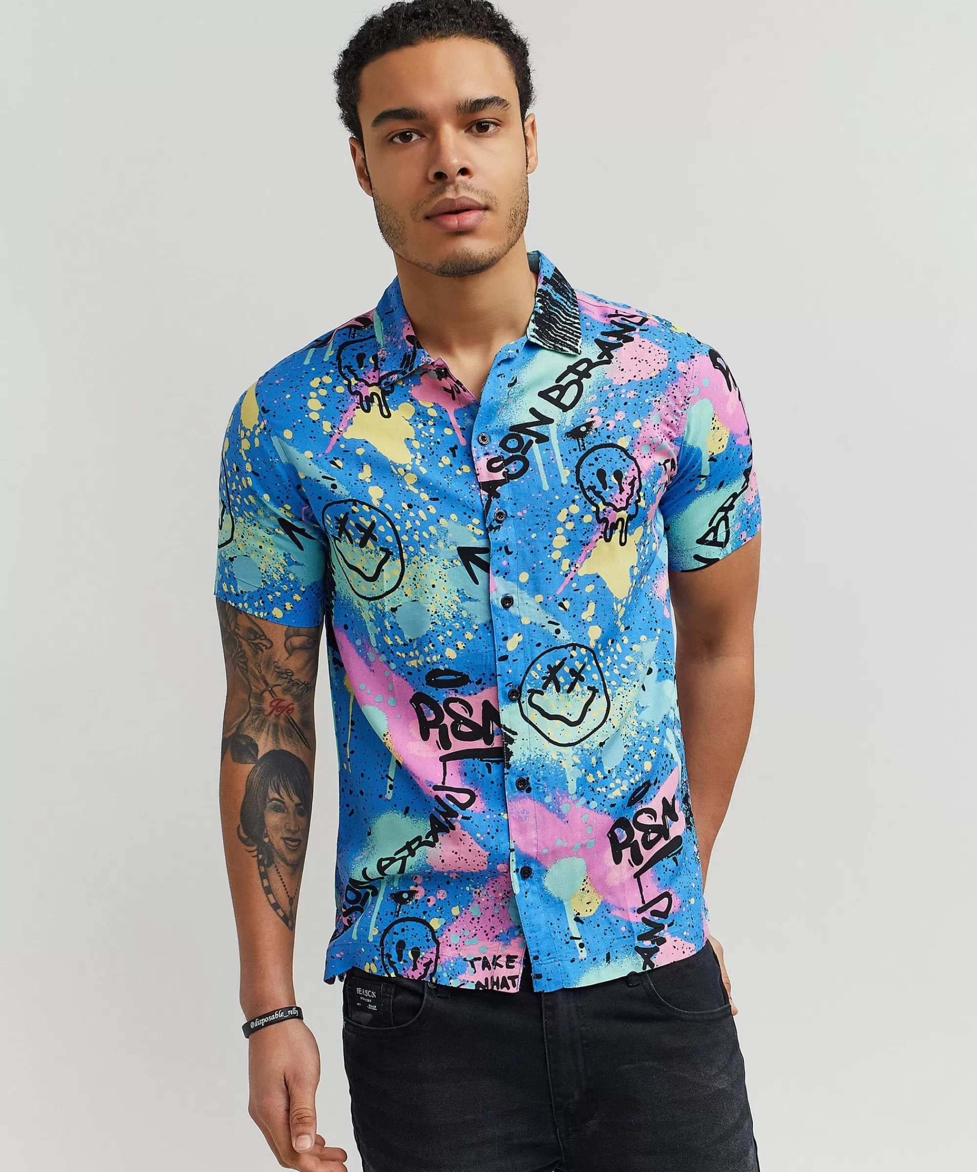 Hot Technicolor Allover Print Short Sleeve Shirt Button Downs