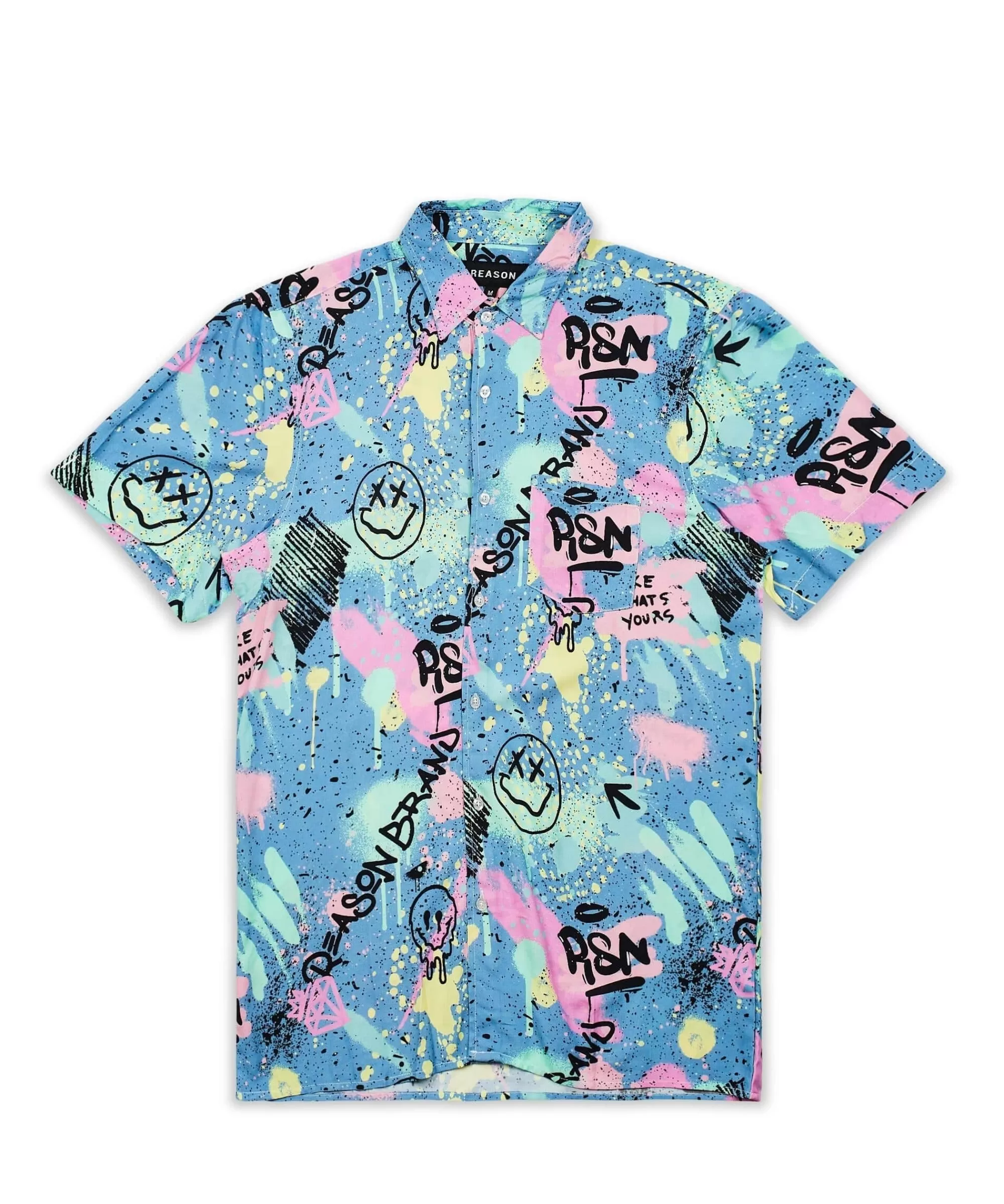 Hot Technicolor Allover Print Short Sleeve Shirt Button Downs