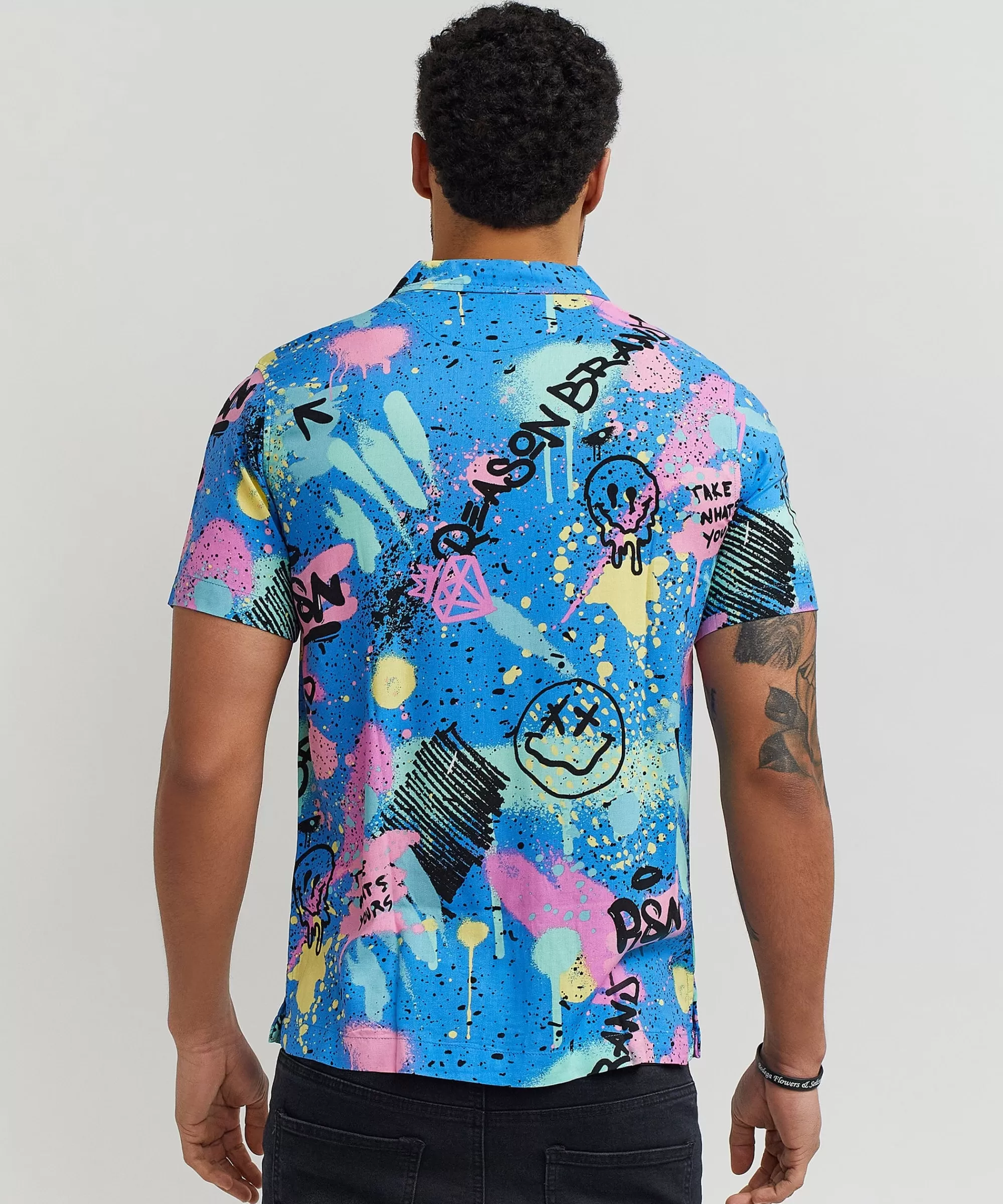 Hot Technicolor Allover Print Short Sleeve Shirt Button Downs