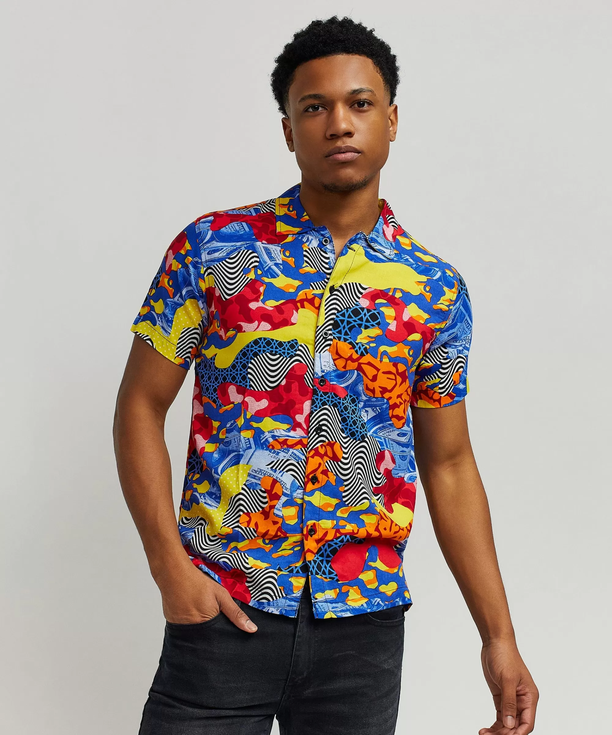 Shop Wavy Allover Print Short Sleeve Shirt Button Downs