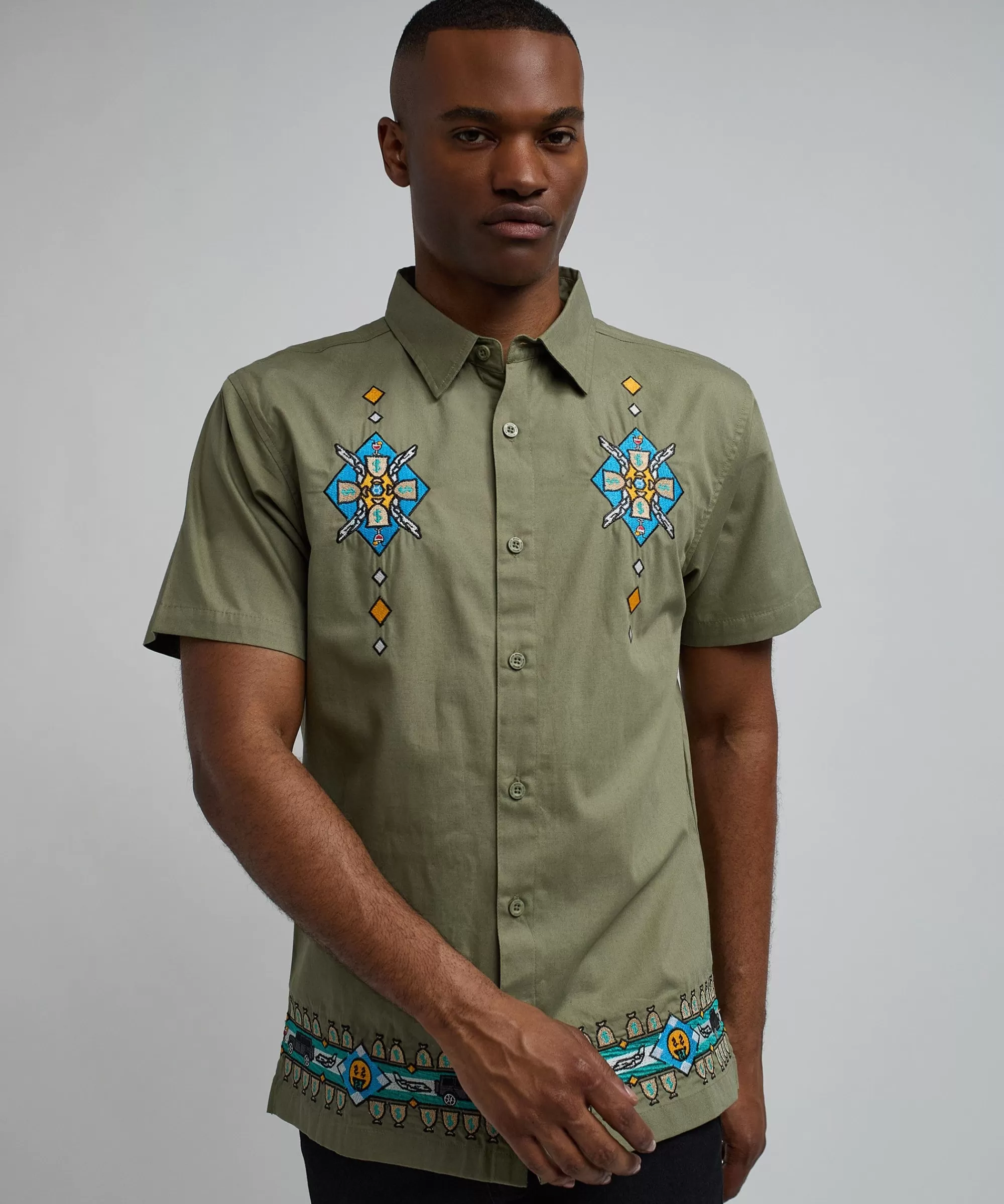 Best Sale Zona Embroidery Cuban Short Sleeve Shirt - Olive Green Button Downs