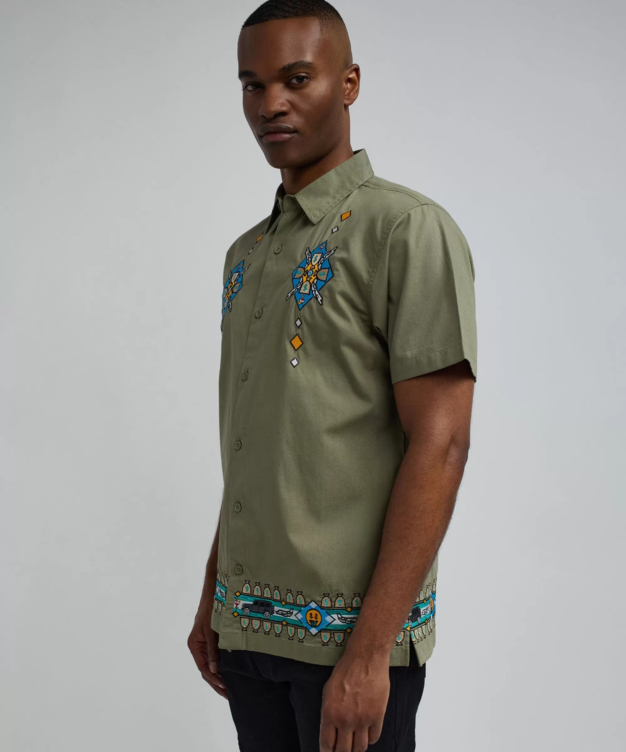 Best Sale Zona Embroidery Cuban Short Sleeve Shirt - Olive Green Button Downs